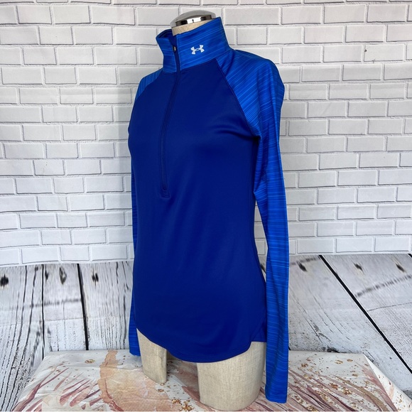 Under Armour Fitted Cold Gear 1/4 Zip Activewear Shirt Blue With Black Medium - Picture 2 of 10